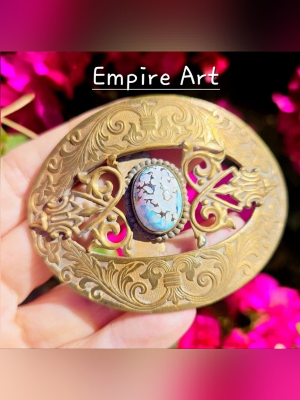 Vintage Empire Art Gold Sash Buckle with Mottled Peking Glass